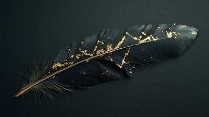 Kintsugi style feather with dark background. generated ai.