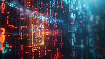 Obraz premium A glowing digital lock surrounded by binary code and data streams, representing cybersecurity, encryption, and information security in a virtual environment