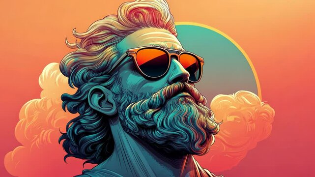 A vibrant digital artwork depicting a bearded man wearing sunglasses against a colorful sunset background.