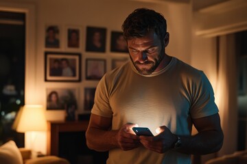 A bearded man stands in his living room with a smartphone, illuminated by its light, surrounded by a collection of framed family photos as night approaches.