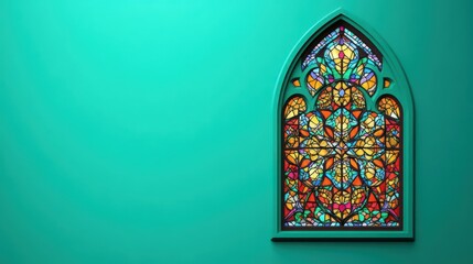 A stained glass window on a rich teal background 