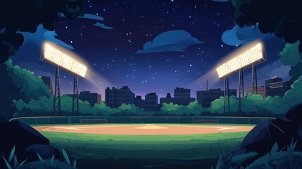 Naklejka premium Baseball field under night sky with stadium lights, city skyline in background