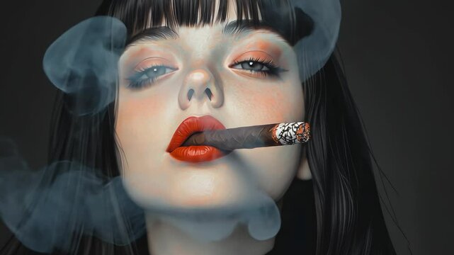 A striking portrait of a woman with dark hair and bold lipstick, smoking a cigar
