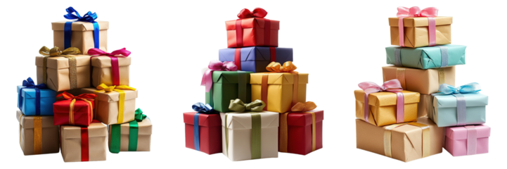 Colorful holiday presents stacked and decorated with elegant ribbons