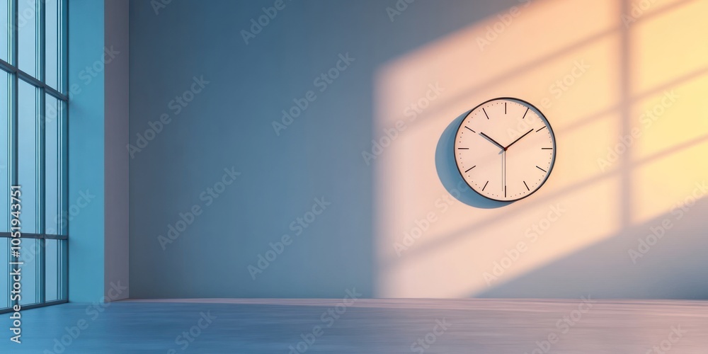 Poster A minimalist room with a clock and soft light casting shadows on the wall.