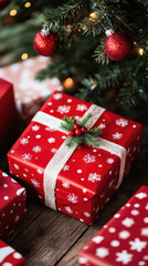 Obraz premium A red box with a white ribbon and a snowflake design sits on a wooden table next to a Christmas tree