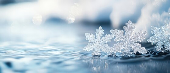 Snowflake crystals forming around the edges of a cold, still stream