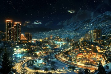 Obraz premium Futuristic cityscape at night with flying objects.