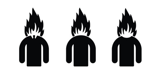 Fototapeta premium Burnout icon. Brain with fire. Cartoon stick figure man with fire head. Having problems on work, emotional stress, unhappy, psychology pressure, difficult life or in job. Stressed burnout concept.