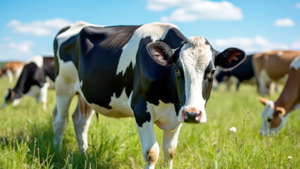 Rural Landscape Featuring Grazing Cows in Green Meadow with Clear Blue Skies and White Clouds
