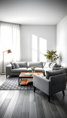 Fototapeta premium Interior of light living room with grey sofa, coffee table and armchair isolated with white highlights, png