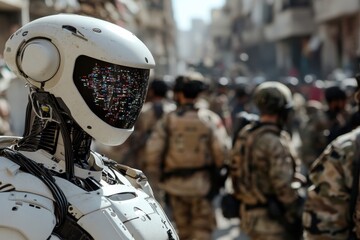 An advanced humanoid robot with a digital face stands among soldiers in a crowded war zone, symbolizing the intersection of technology and human conflict.