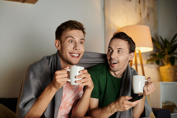 Two men share joyful moments under a warm blanket while sipping their drinks.