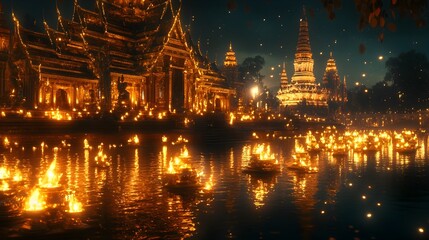 Enchanting Thai Temple Illuminated by Rows of Glowing Oil Lamps at Dusk