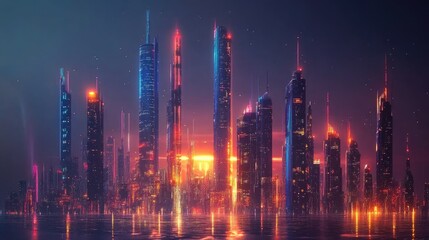 Fototapeta premium Futuristic skyline with illuminated towers, capturing the vision of advanced technology and modern city innovation