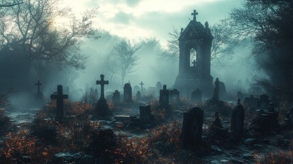 Fototapeta premium A misty graveyard with tombstones and a haunting chapel.