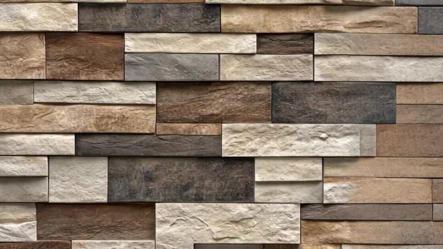 A close-up view of a stone wall with a variety of browns and grays