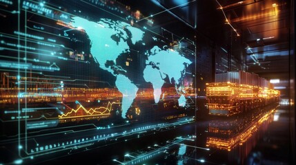Obraz premium A holographic display showing global trade routes powered by blockchain technology and AI-driven logistics