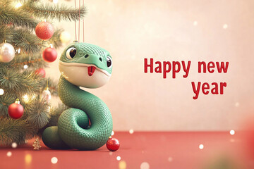 3D Rendered Festive Snake on Christmas Tree with Ornaments and Lights for a Joyful Chinese New Year Celebration
