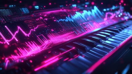 A digital piano keyboard with glowing neon lights.