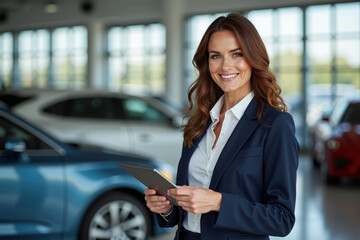 attractive brunette woman smiling in a navy suit holding a tablet standing in a modern car dealership with a blue car in the background