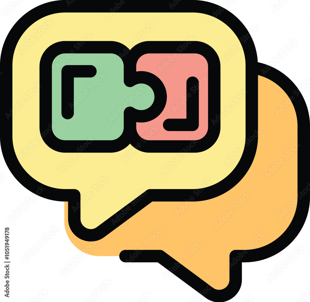 Poster two puzzle pieces connecting inside speech bubbles representing problem solving through communicatio