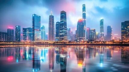 Obraz premium Modern cityscape with illuminated skyscrapers, symbolizing a vision of advanced science and technological innovation