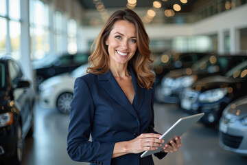 attractive brunette woman smiling in a navy suit holding a tablet standing in a modern car dealership with a blue car in the background