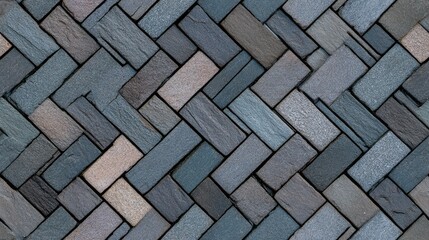 Obraz premium The chevron pattern wall features a blend of earth tones and gray with natural stone tiles, creating a stylish interior design feature