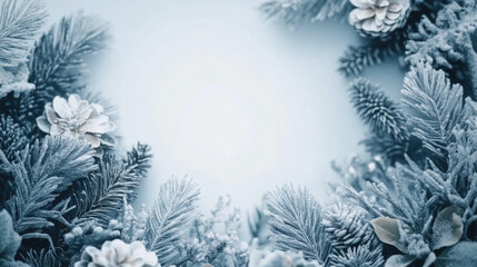 A wreath of evergreen branches with white flowers and pine cones. The wreath is surrounded by a blue background