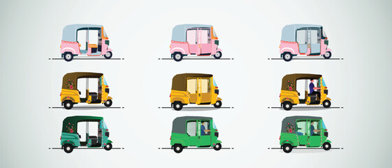 Set of yellow and Green auto-rickshaw illustrations in India. with rickshaw paint on it. front view, side view of tuk-tuk