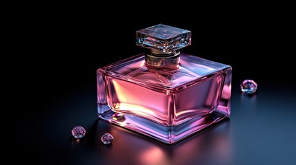 A glass perfume bottle with the pink color and square shape body on a black background. High resolution photography.