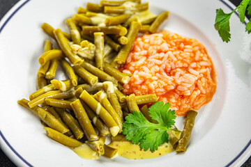 Green bean food tasty dish fresh gourmet food background on the table rustic top view copy space top view 