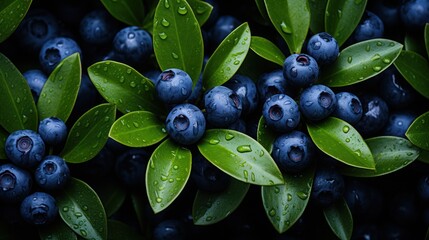 Close up photo of blueberries with the dark green leaves. Flat lay natural background style.