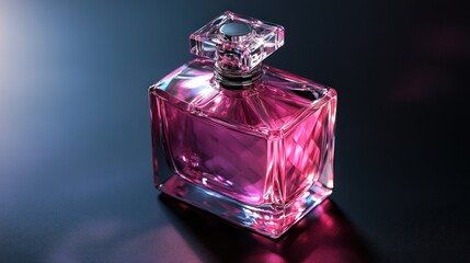 A glass perfume bottle with the pink color and square shape body on a black background. High resolution photography.