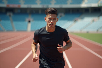 Obraz premium fit young man with short hair wearing a black T shirt and dark pants running on a red track with a blurred stadium background
