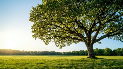 Obraz premium Lush green tree in a sunlit field, serene nature setting, vibrant outdoor scenery.