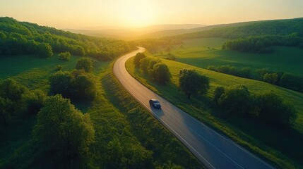 Aerial view natural landscape of car driving on a highway road in a green forest with trees, meadow and sunset.