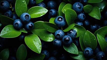 Close up photo of blueberries with the dark green leaves. Flat lay natural background style.