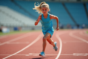 Fototapeta premium blonde athletic young girl in a blue tank top and shorts running on a track background features blurred stadium seating and a green field