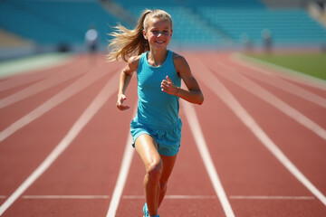 Fototapeta premium blonde athletic young girl in a blue tank top and shorts running on a track background features blurred stadium seating and a green field