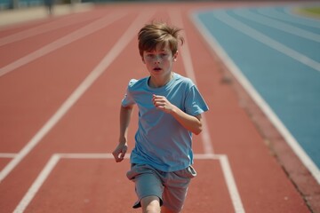 Fototapeta premium young boy wearing a light blue shirt and gray shorts running energetically on a red track with a blurred background of stadium seats and greenery