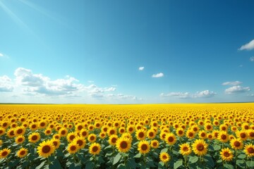 Fototapeta premium field of bright yellow sunflowers under a clear blue sky with fluffy white clouds capturing the essence of a sunny day in a sunflower field