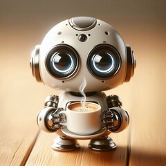 Mini ai robot holding a cup of coffee