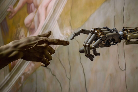 A cyborg finger touching a human finger, modern remake of The Creation of Adam. Technology meets humanity, biology vs technology. Machine learning, AI progress, big data, digital Interface