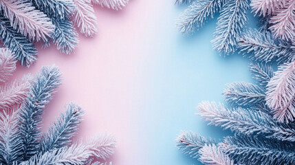 Fototapeta premium A blue and pink background with a row of evergreen trees with frost on them. The trees are arranged in a way that they form a frame around the background. Concept of tranquility and serenity