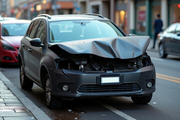 Fototapeta premium SUV car with a severely damaged front standing on a wet street