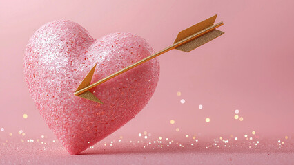 Heart with arrow. 3D heart pierced with an arrow. Love, Valentine's day, romantic wedding invitation, love greeting card. Cupid's golden arrow striking through a heart, falling in love
