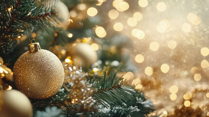 A tree with a gold ornament hanging from it. The ornament is surrounded by other gold ornaments. The tree is lit up, giving it a warm and festive feel