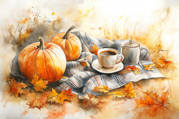 Autumn picnic with pumpkins and coffee on blanket in watercolor
